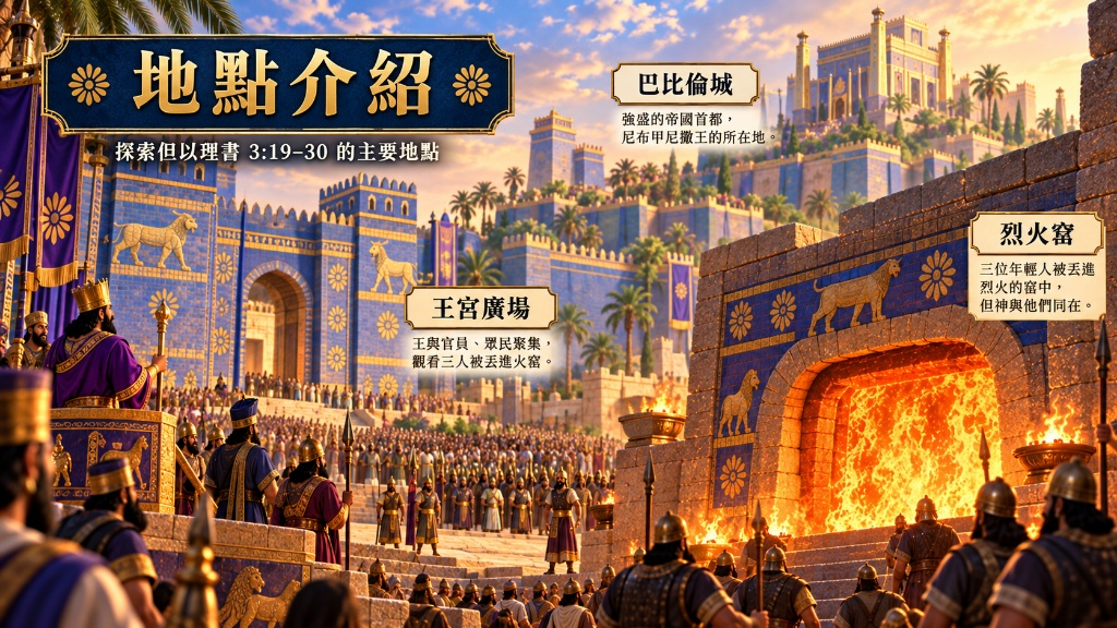 巴比倫城、聚集的官員與烈火窰的藝術場景